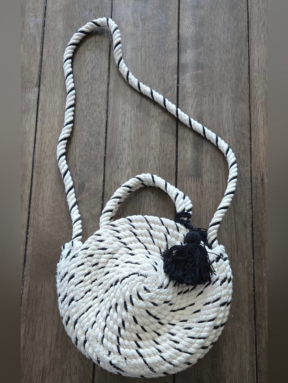 Zara White & Black Twisted Rope Round Crossbody Bag